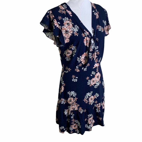 Cupcakes and Cashmere Navy Floral Neck Tie Ruffle Cap Sleeve Mini Dress Womens 6 - Picture 4 of 10